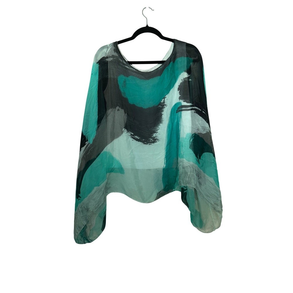Gabriella Made in Italy Silk Blend Poncho Top Abstract Teal Blk Casual Oversized